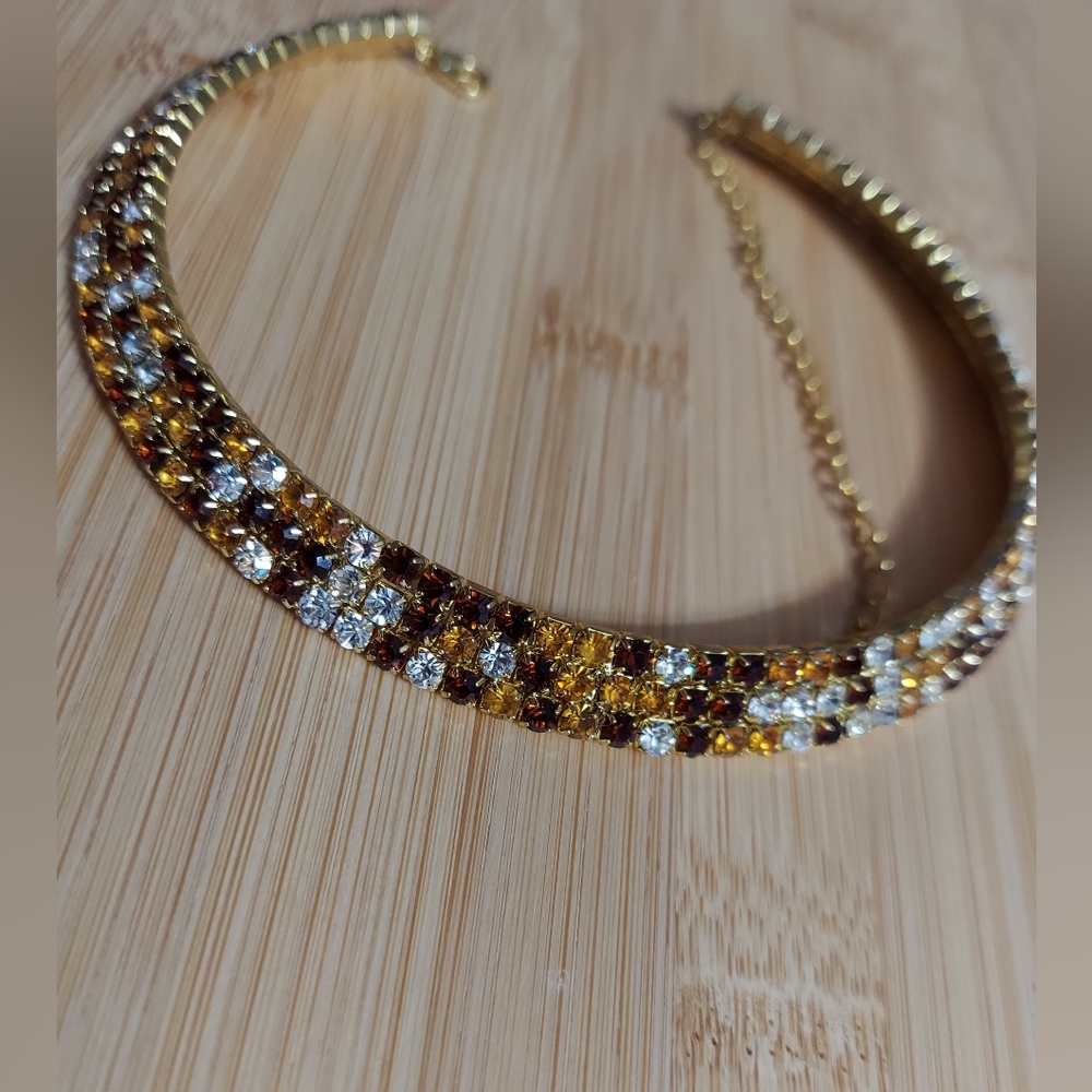 Gold Tone/3 Layer Swarovski Faceted Cut Crystal, Fall Fest, 3Bar Collar Necklace